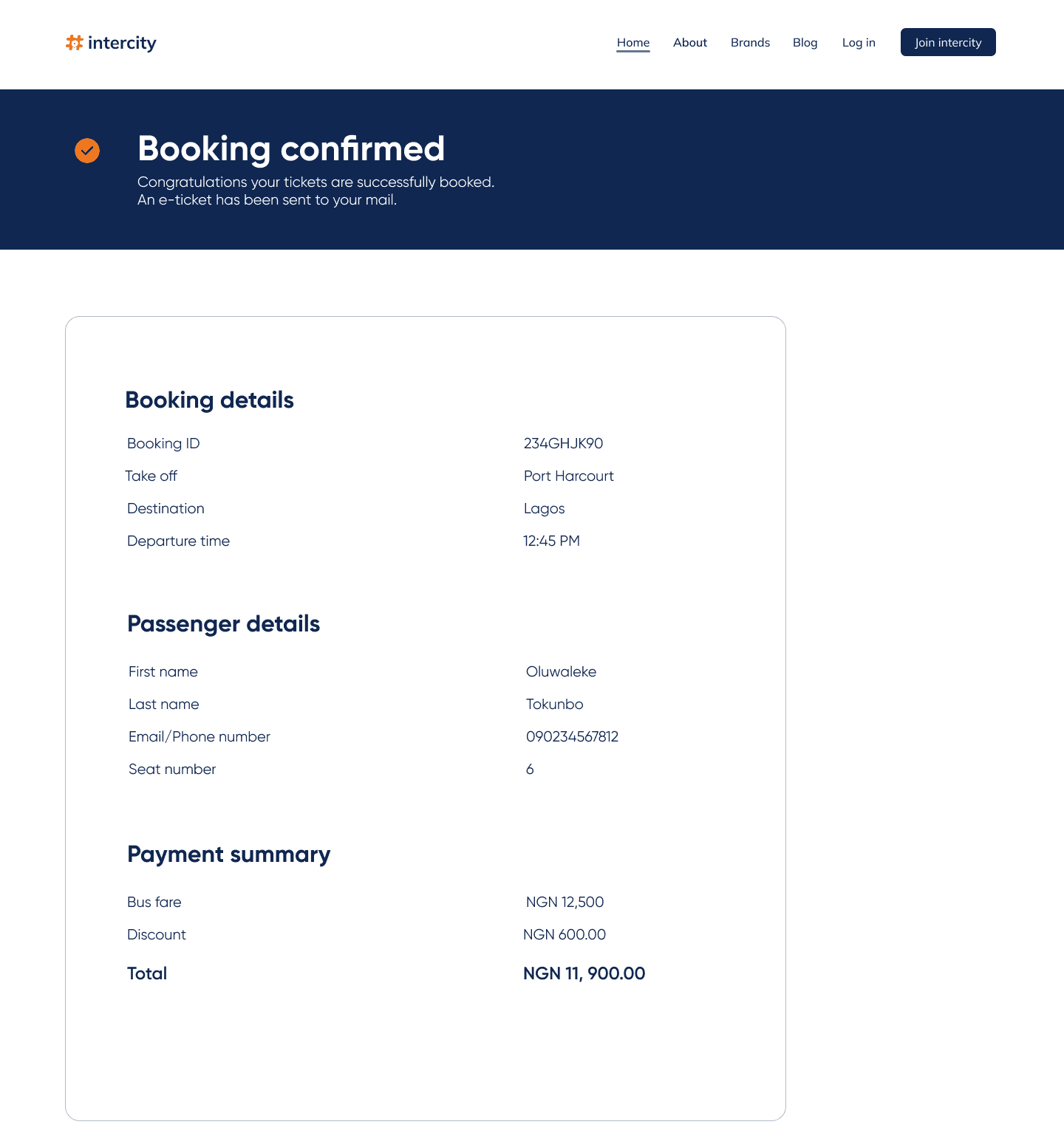 Payment succesful on the intercity dashboard